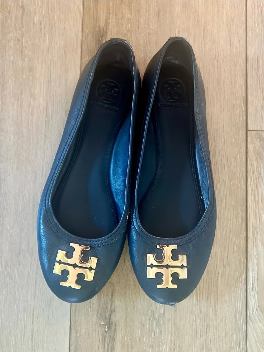 Tory Burch Navy Leather Logo Ballet Flats Women Size 8.5